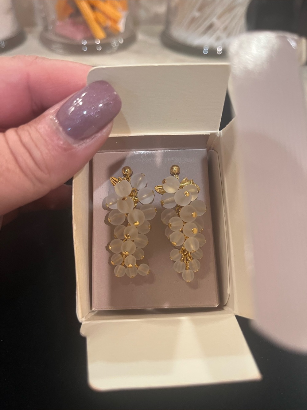 Avon Gold-Tone Floral Drop Earrings with Frosted White Beads